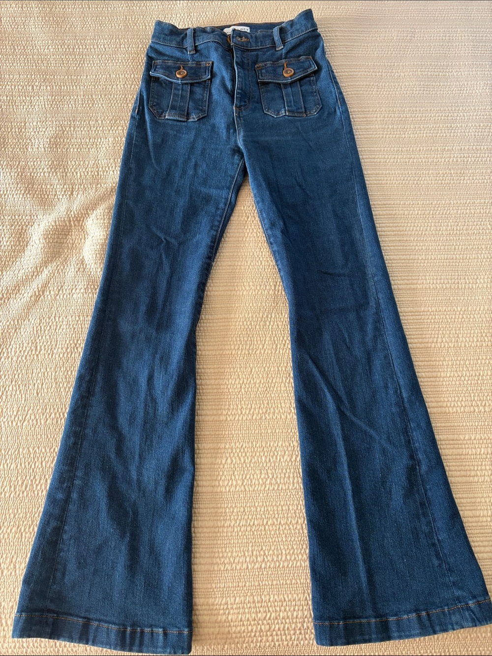 LOFT Dark Blue High-Rise Flare Jeans with Front Flap Pockets 2